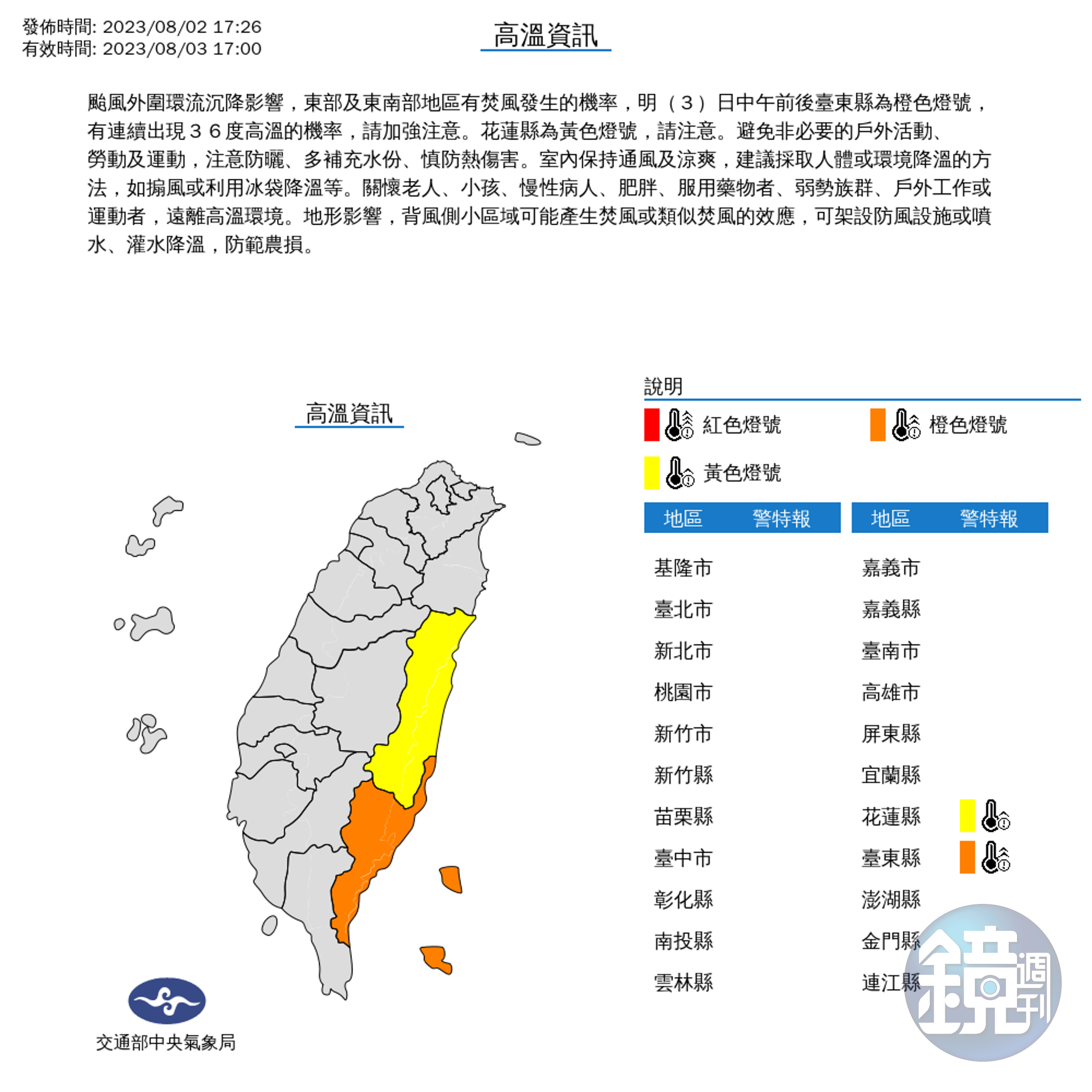 颱風外圍環流沉降影響,東部及東南部則有焚風發生的機率,花蓮縣及台東縣都亮起高溫警示燈號。(中央氣象局提供)