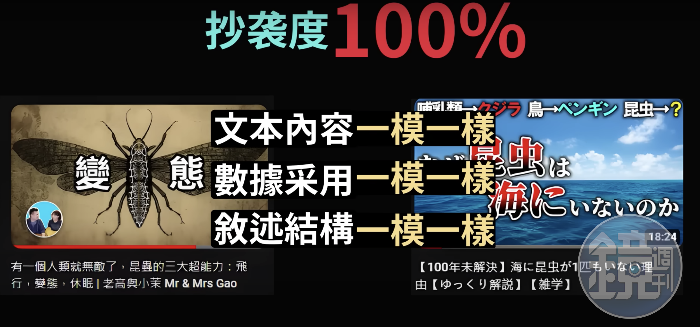 藍泉媽媽爆料，老高有部影片幾乎全部抄襲，不僅文本內容相同，連內容數據、敘述都一模一樣，簡直就宛如「鸚鵡學舌」。（翻攝自藍泉媽媽YT頻道）
