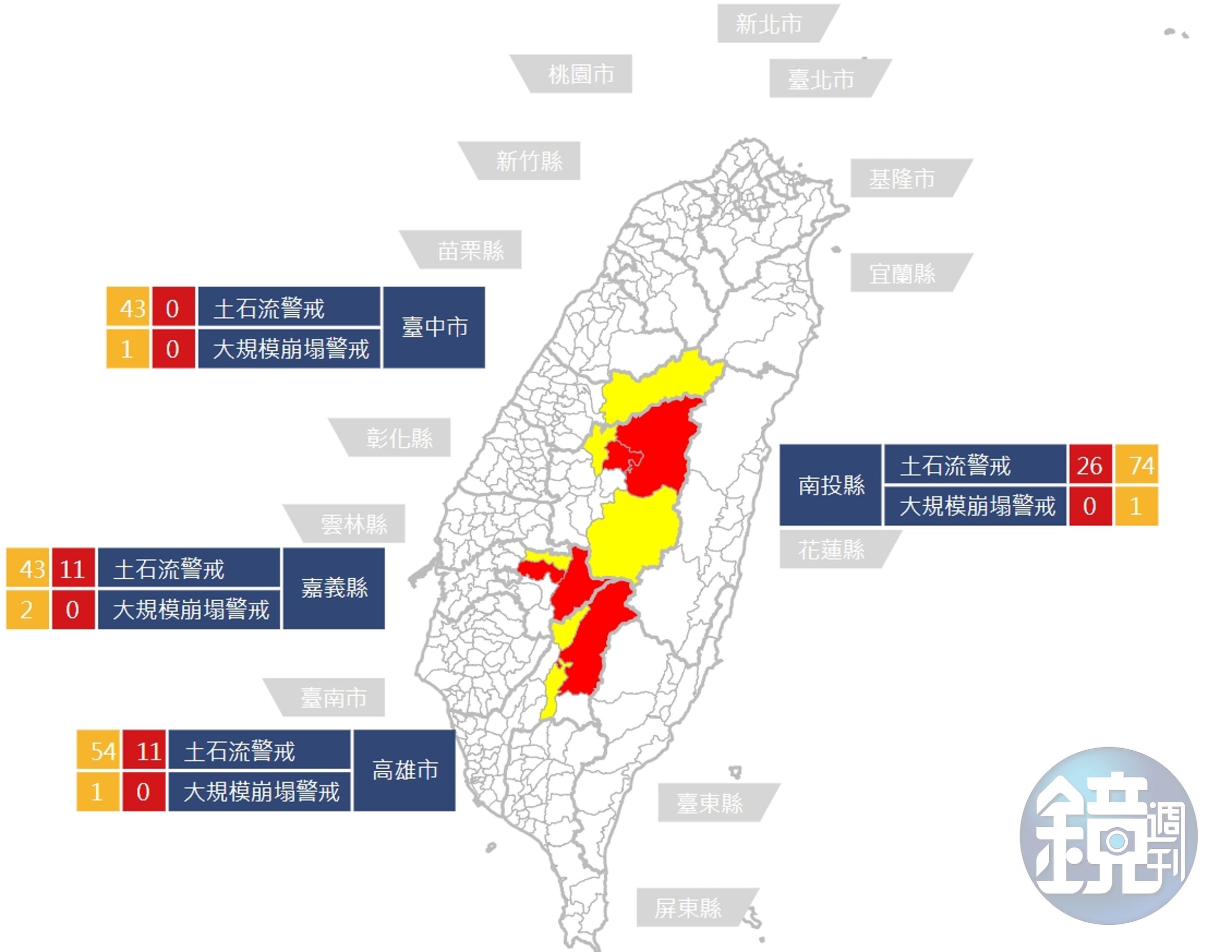 水土保持局18時30分更新共有紅色警戒含48條土石流潛勢溪流。(翻攝自水土保持局官網)