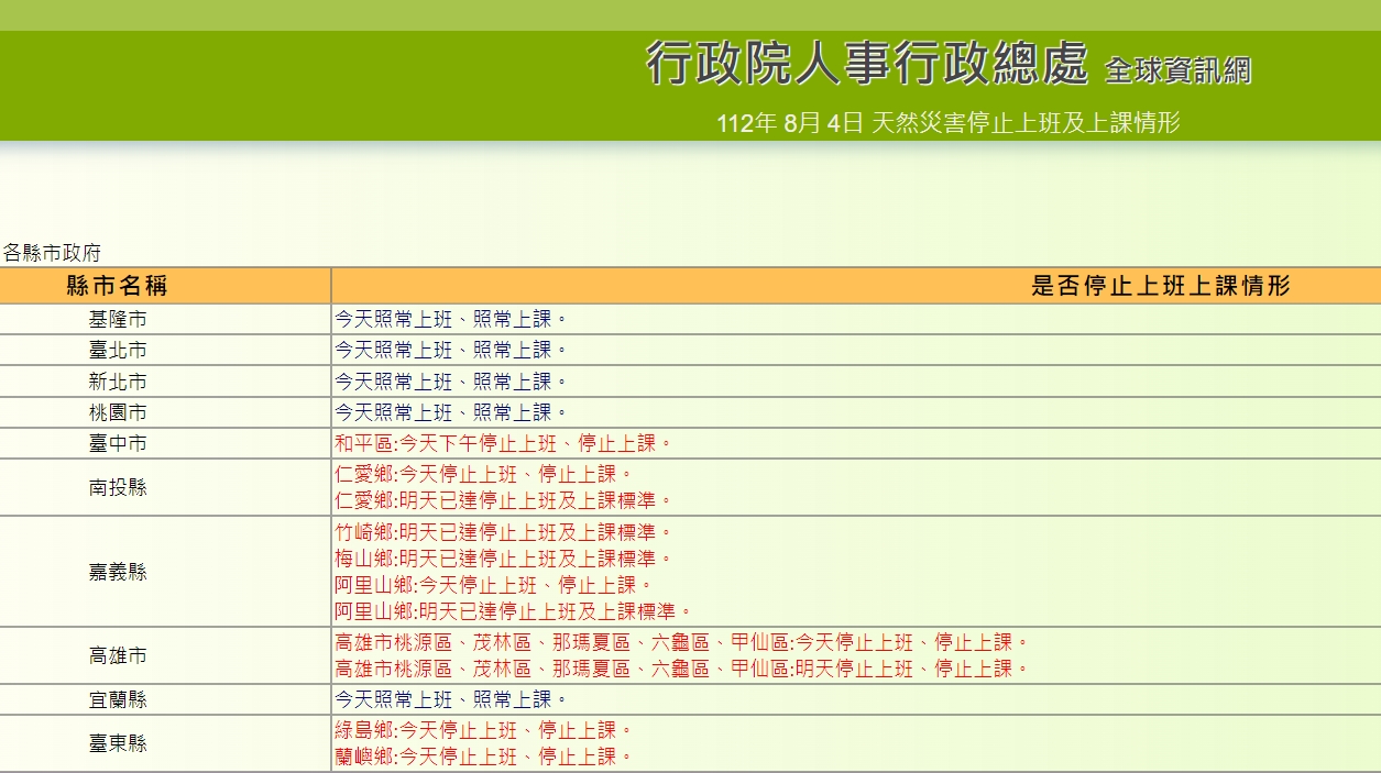 行政院人事行政總處公布全台停班課一覽。(翻攝自行政院人事行政總處官網)