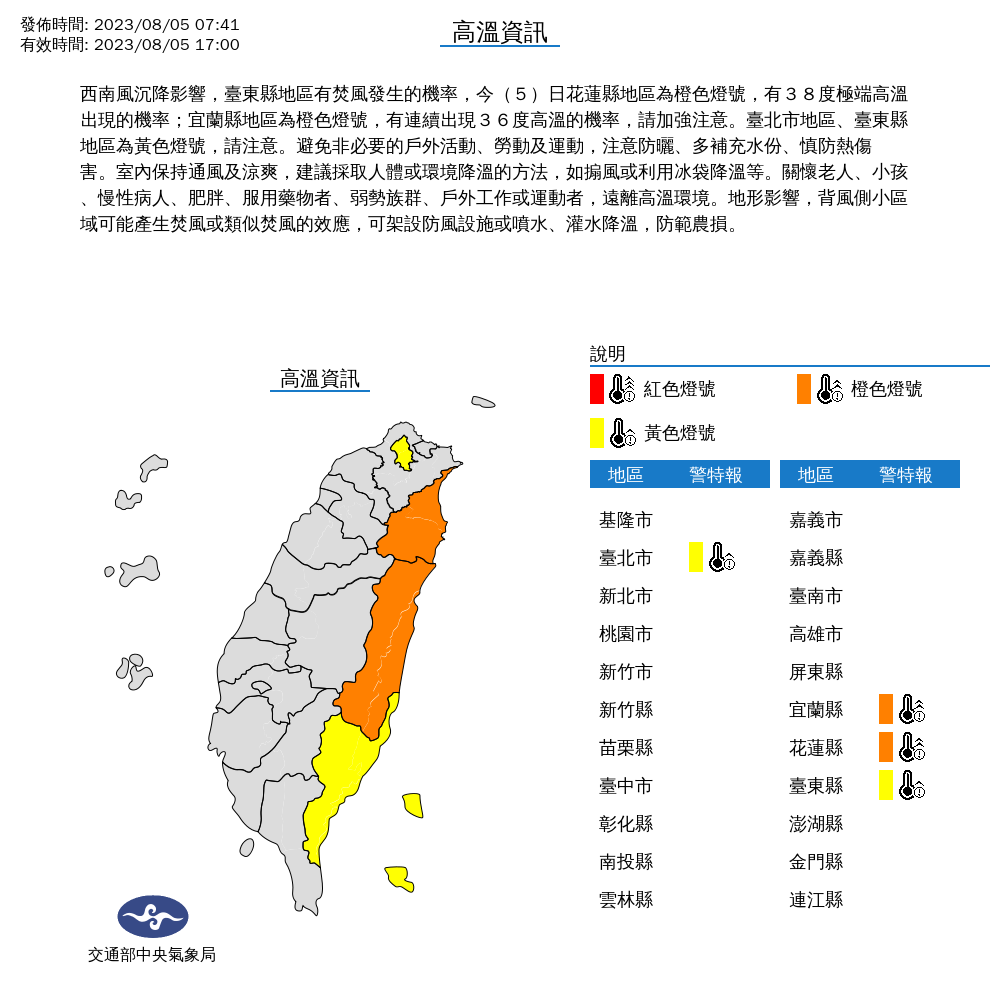 受到西南風沉降影響，台東有焚風發生的機率，台北市、宜蘭縣及花蓮縣則因溫度較高，紛紛亮起高溫警示燈。（中央氣象局提供）