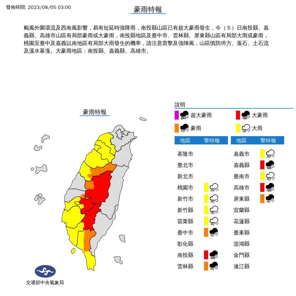 氣象局針對12縣市發布豪（大）雨特報，提醒這些地區有局部大雨發生的機率。（中央氣象局提供）