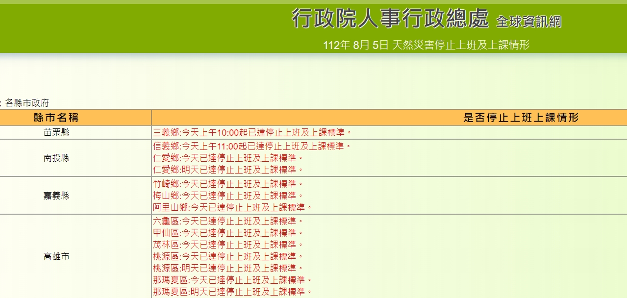 行政院人事行政總處公告停班課資訊。(翻攝自行政院人事行政總處)