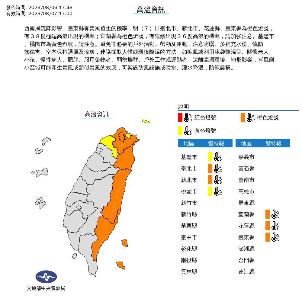 7縣市有高溫警訊。（翻攝自氣象局）