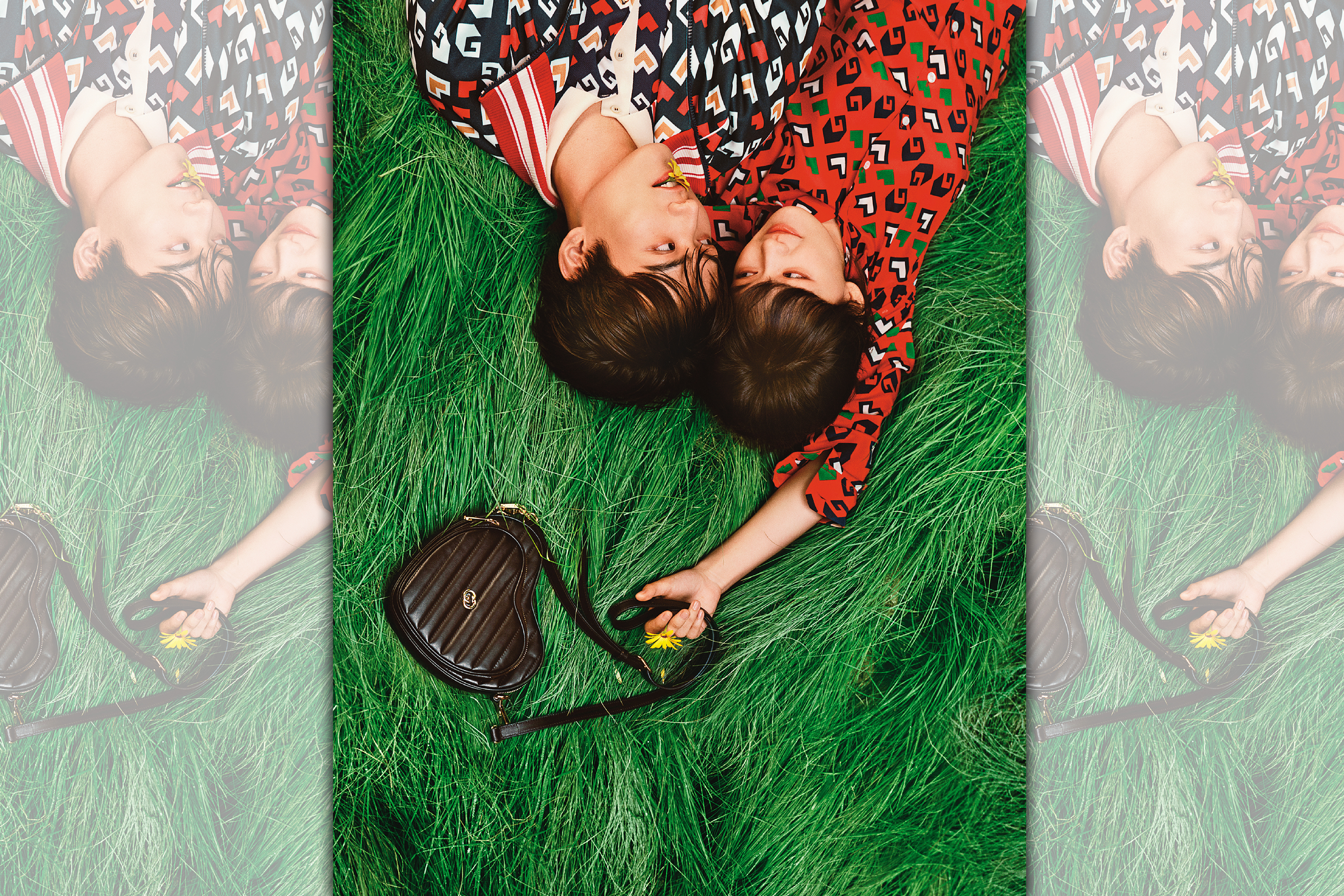 演員文淇（右）與歌手周柯宇（左）在綠意盎然的背景下以俏皮、歡樂方式捕捉親密時刻，詮釋GUCCI 2023七夕形象廣告。（GUCCI提供）