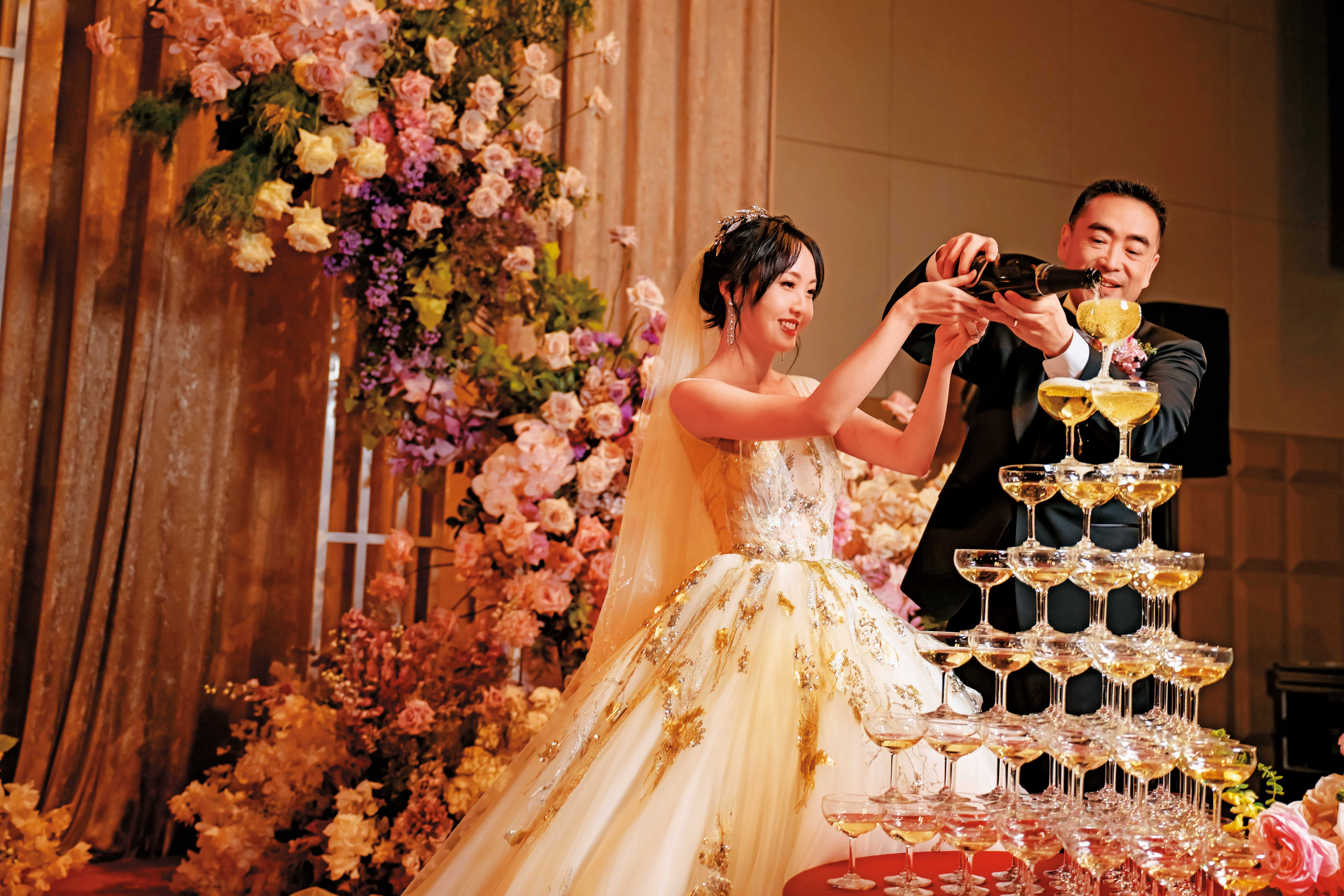 板橋林家接班人林知延週日在大直萬豪酒店舉行婚宴，迎娶新婚妻子林俋賢。（板橋林家提供）