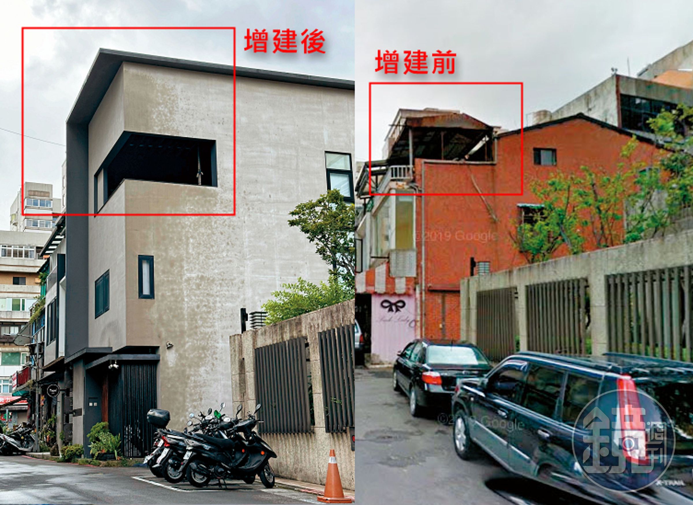 蓓蓓位在台北市天母的透天厝3樓前陽台(左圖紅框處),被建管處認定是增建違建;蓓蓓的透天厝原本是開放式平台(右圖紅框處),上有鐵皮屋頂。(右圖翻攝Google Maps)