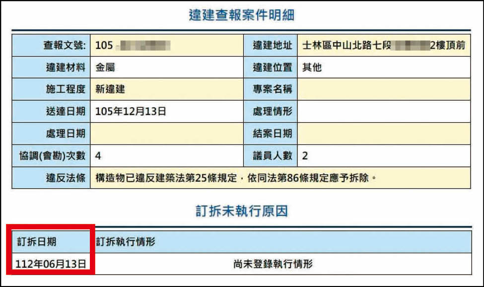蓓蓓家的違建原訂今年6月強制拆除,但至今不動如山。(翻攝建管處官網)