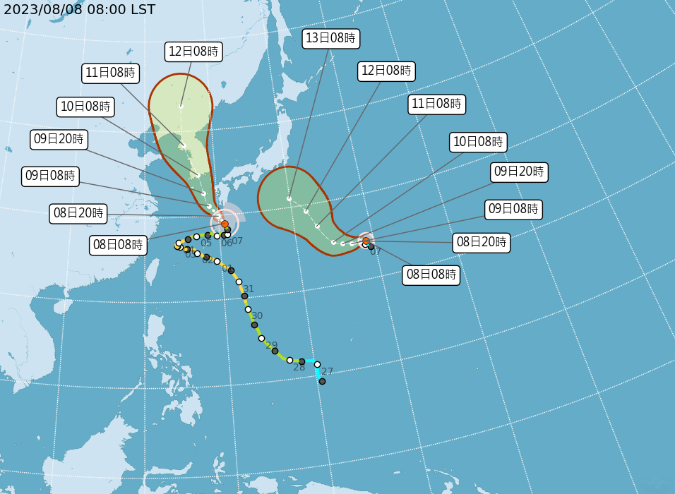 中央氣象局公布颱風路徑潛勢圖。（中央氣象局提供）