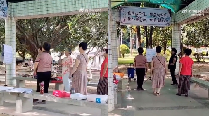 中國大媽在公園合唱經典歌曲〈菊花台〉，影片在網路爆紅。（翻攝微博）