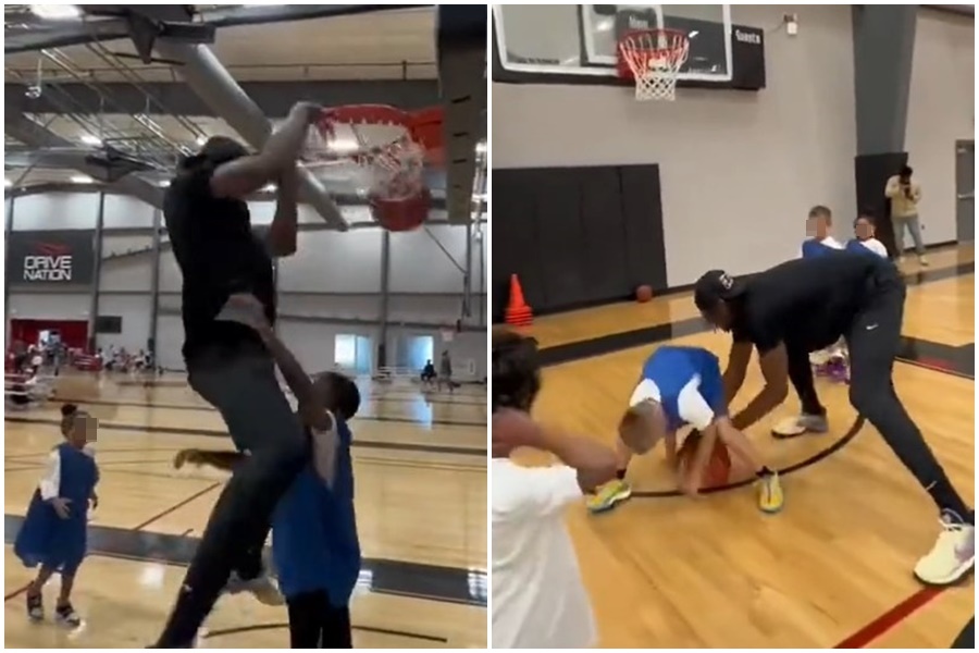 NBA溜馬球星透納在訓練營下場替落後方追分，上演「大人打小孩」的餘興節目。（翻攝自推特／X）