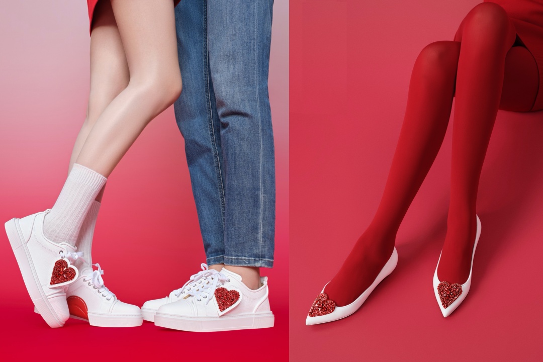 Christian Louboutin推出七夕膠囊限量系列，以紅色水晶拼出耀眼心型吊飾作為裝飾。 （Christian Louboutin提供）