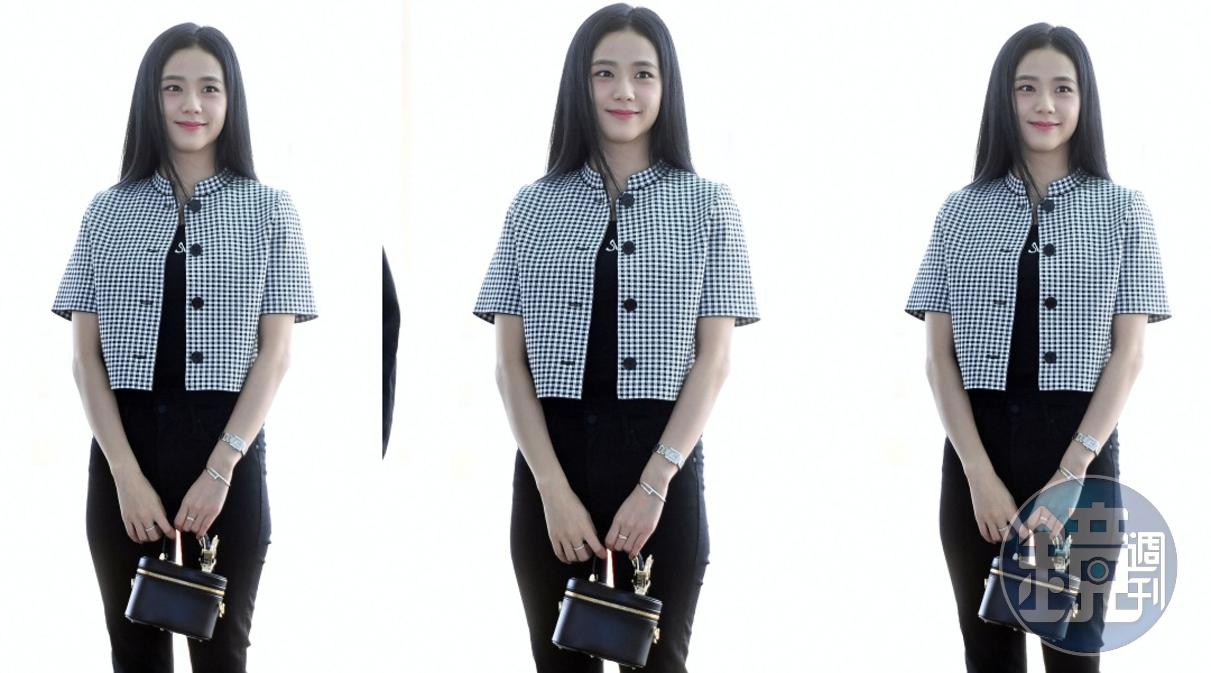 DIOR品牌大使Jisoo在機場時，手拎CD Signature Vanity黑色小牛皮小型提包。（DIOR提供）