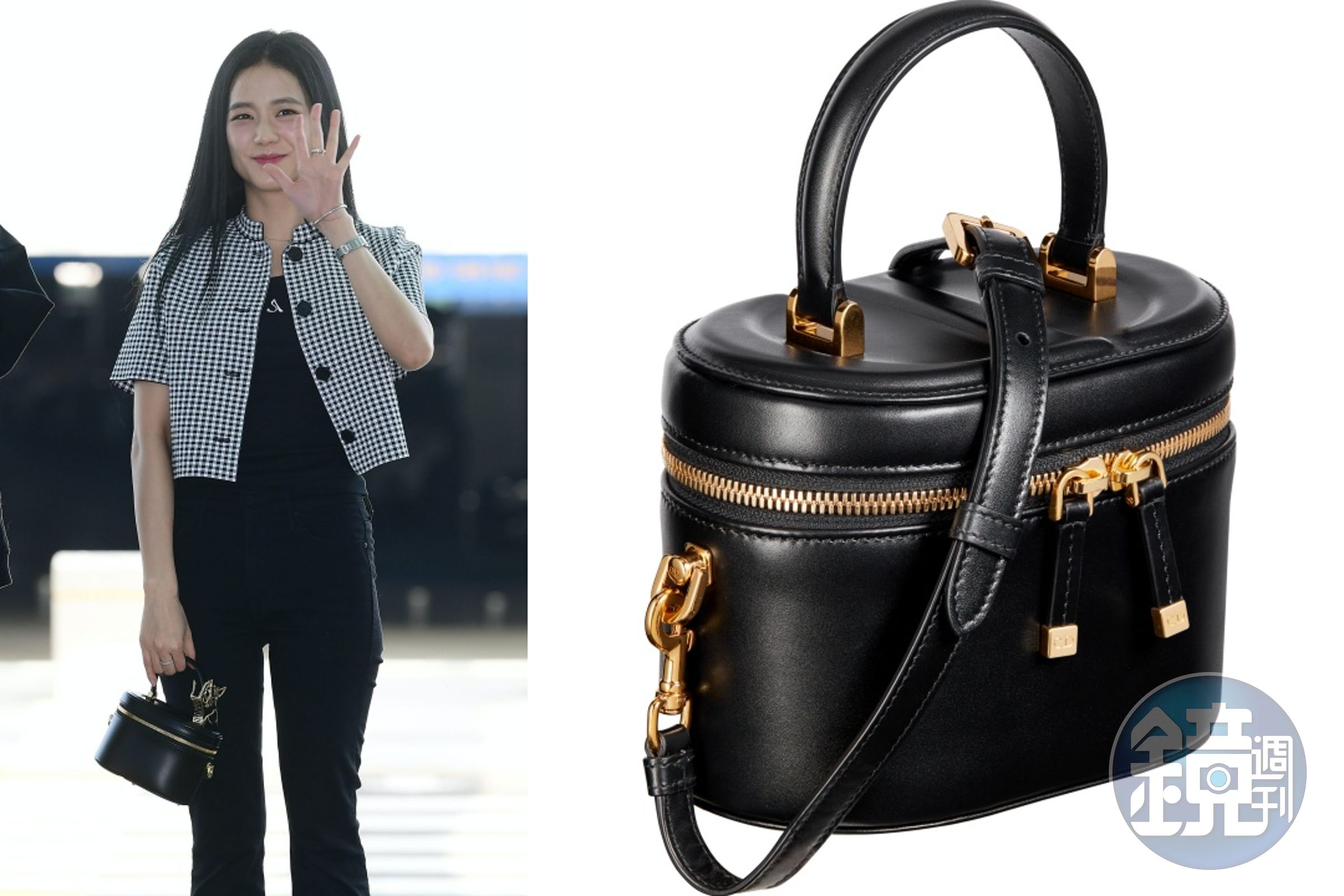 Jisoo的CD SIGNATURE黑色小牛皮小型化妝包。NT$86,000（DIOR提供）