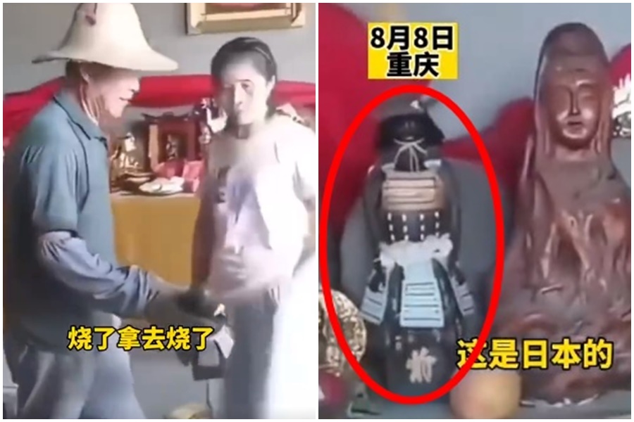 重慶一間寺廟出現一尊日本武士神像，據傳這是日本邪神像。（翻攝自微博）
