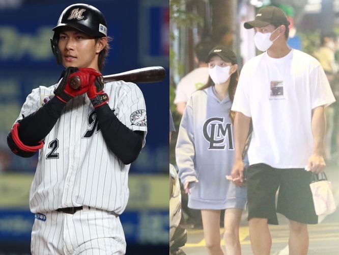 林襄約會時身上的衣服，因為有日職千葉羅德海洋隊的LOGO成為話題，還被說男友馬傑森有像到該隊的藤原恭大（左）。（翻攝網路）