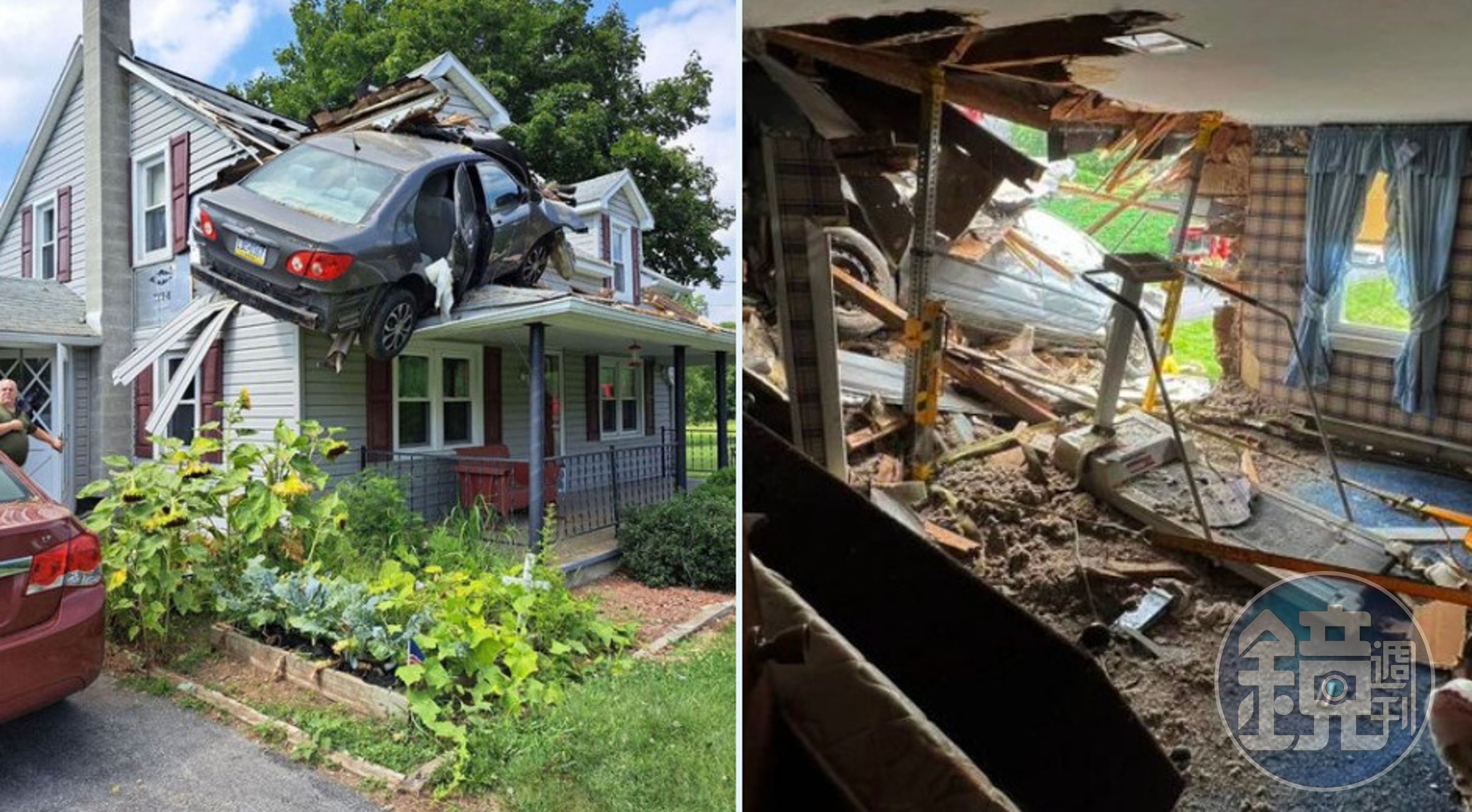 一輛汽車飛衝進民宅屋頂,卡在二樓,場面十分驚險。(翻攝推特@crimewithbobby)