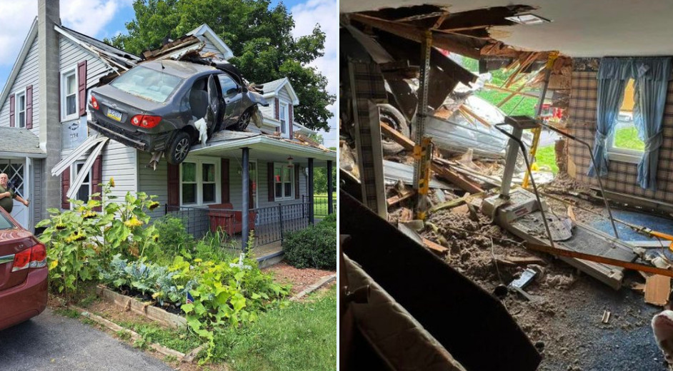 一輛汽車飛衝進民宅屋頂，卡在二樓，場面十分驚險。（翻攝推特@crimewithbobby）