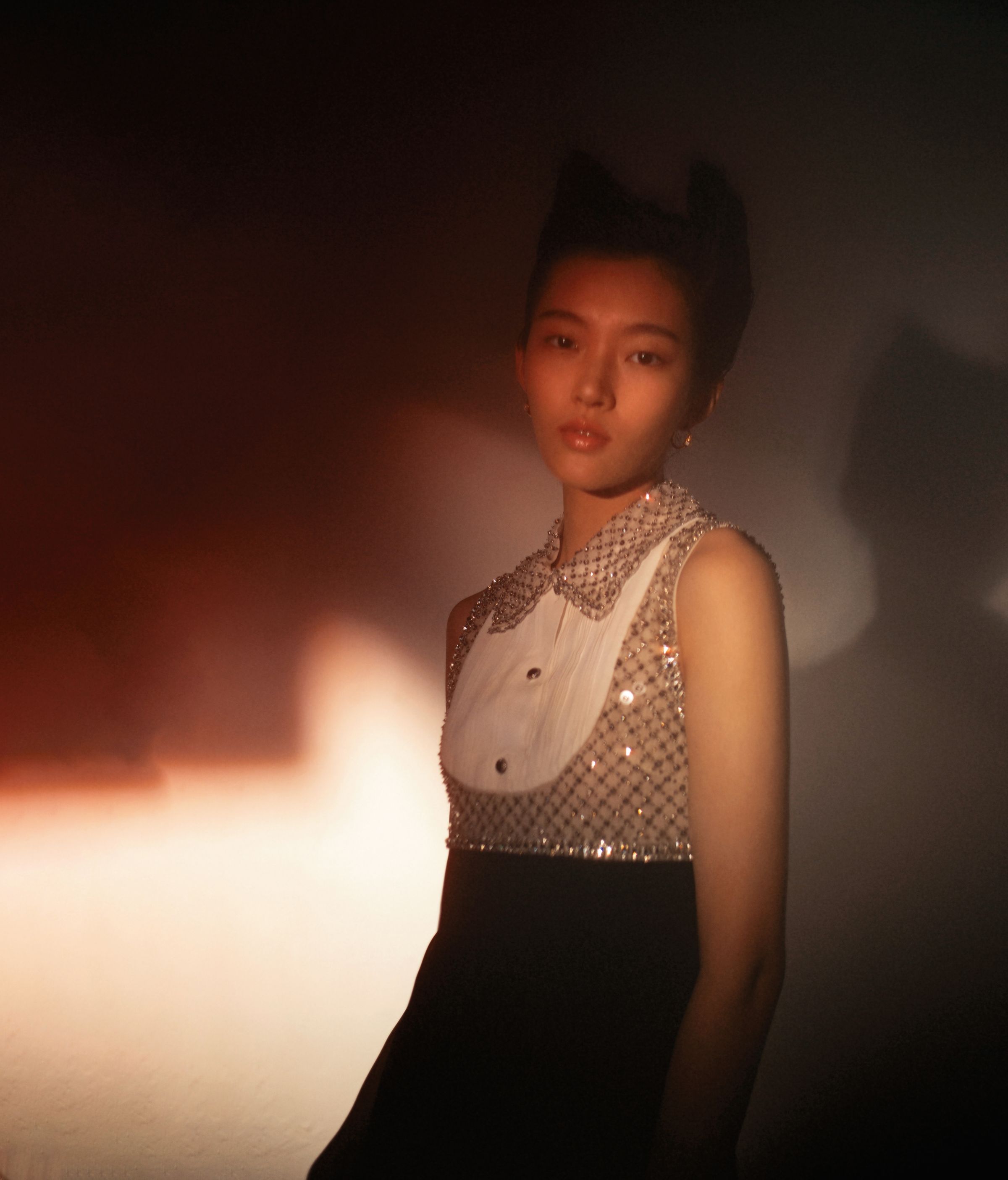水晶墜飾拼接洋裝 NT$205,000 by MIU MIU／TRIOMPHE INDIE圈形耳環 NT$19,500 by CELINE BY HEDI SLIMANE