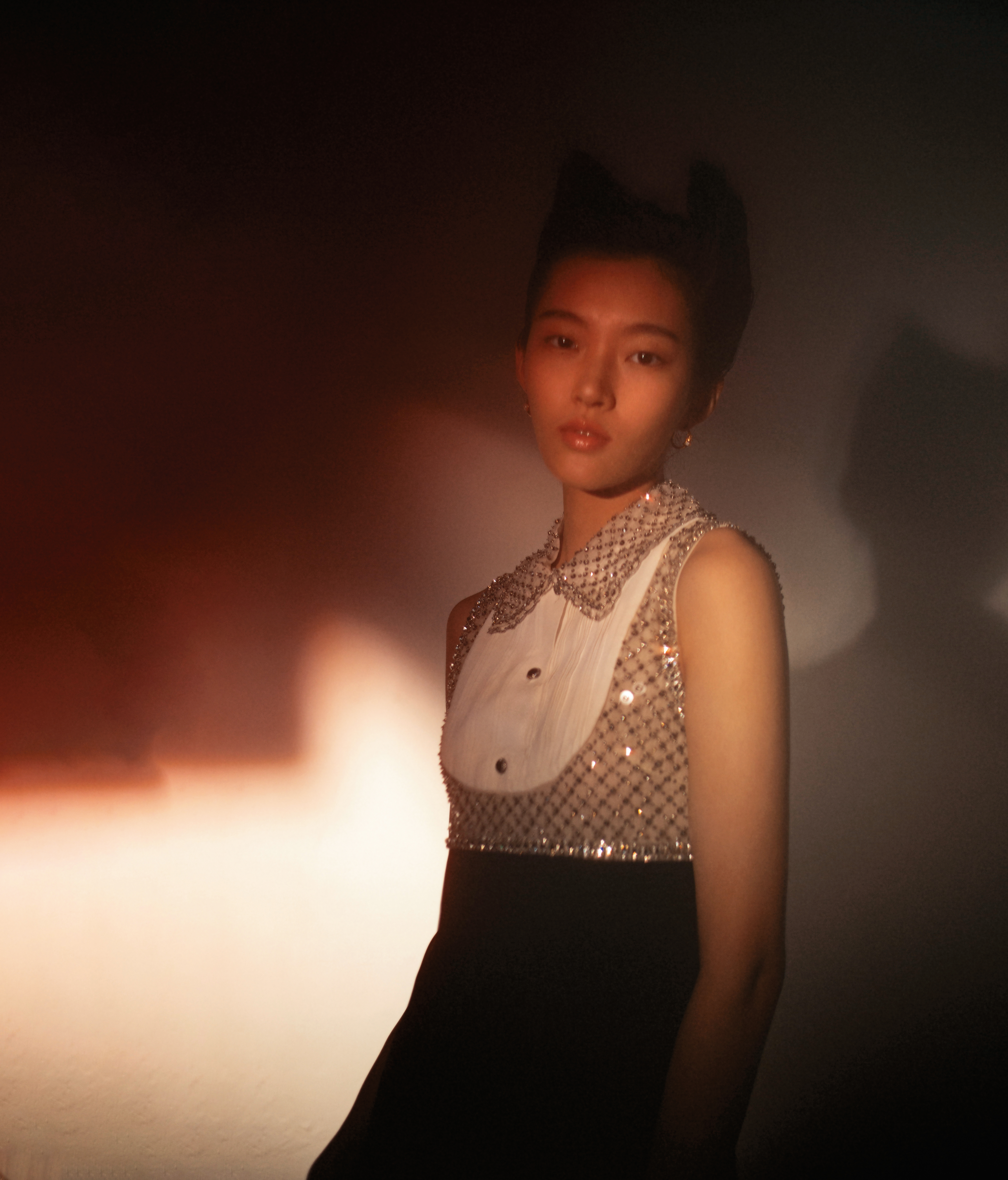 水晶墜飾拼接洋裝 NT$205,000 by MIU MIU／TRIOMPHE INDIE圈形耳環 NT$19,500 by CELINE BY HEDI SLIMANE