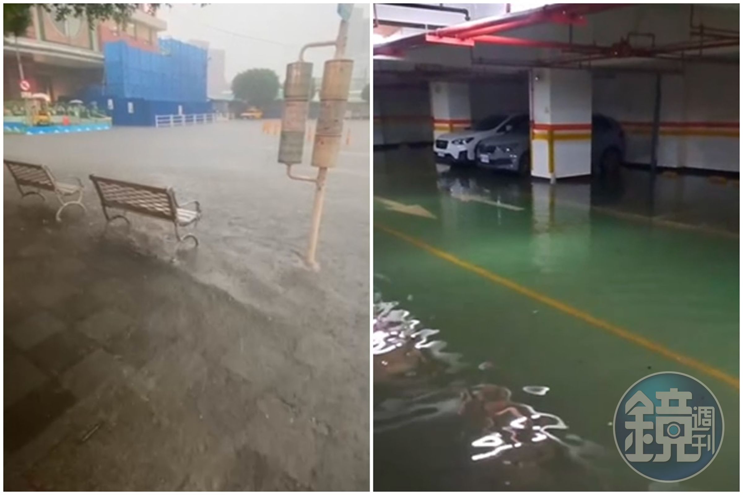 鶯歌火車站前的淹水伴隨強風颳起小浪，北大社區地下停車場淹水。（翻攝自卓冠廷臉書）