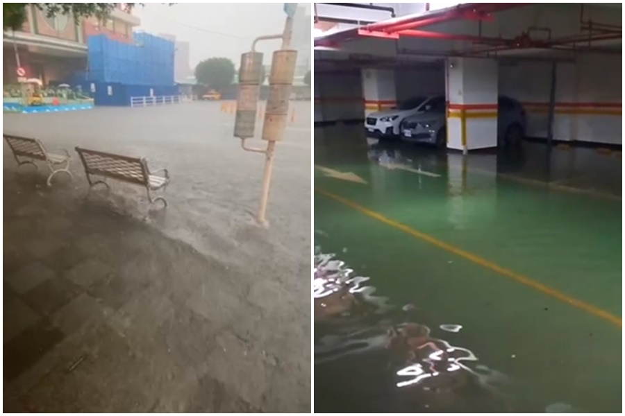 鶯歌火車站前的淹水伴隨強風颳起小浪,北大社區地下停車場淹水。(翻攝自卓冠廷臉書)