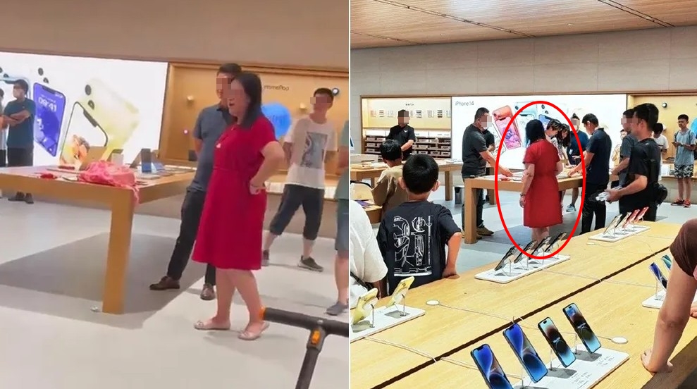北京一名大媽闖進蘋果專賣店砸毀產品，並痛罵使用iPhone的人都是漢奸。（翻攝自微博）