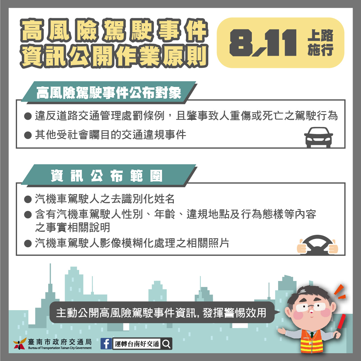 台南市高風險駕駛事件資訊公開作業原則自即日起施行。(台南市交通局提供)