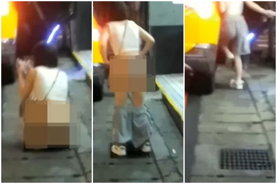 近日一名民眾在街上路過一處紅線時，竟發現有名短髮正妹竟當街光著屁股蹲在水溝蓋上「大解放」。（翻攝自當事人臉書）