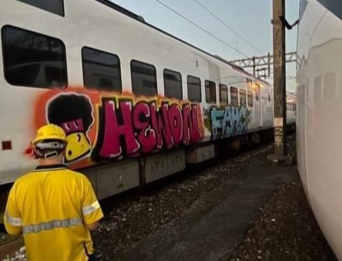 台鐵上月13日一輛新自強號列車外觀遭不明人士塗鴉。（翻攝照片）