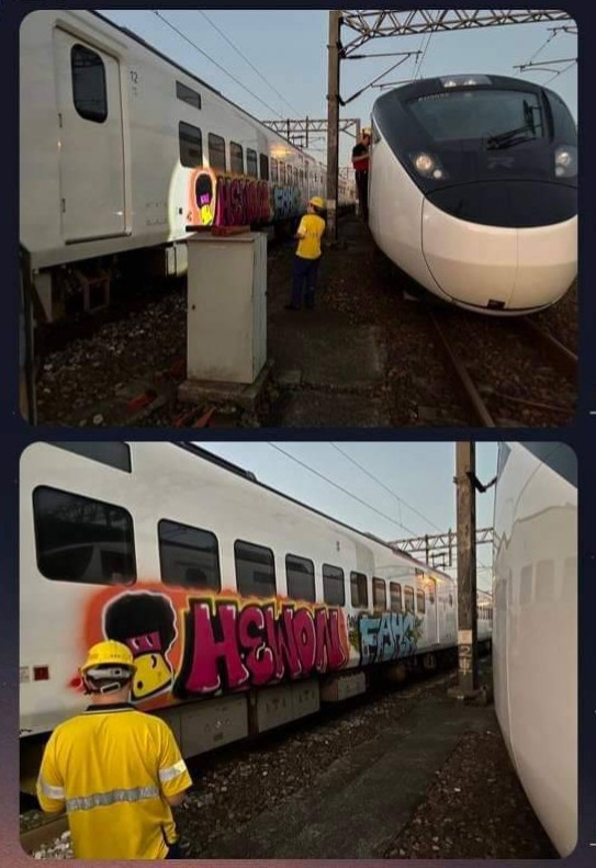 自強號新款EMU3000電聯車遭塗鴉破壞,台鐵將追究責任並求償。(翻攝臉書)