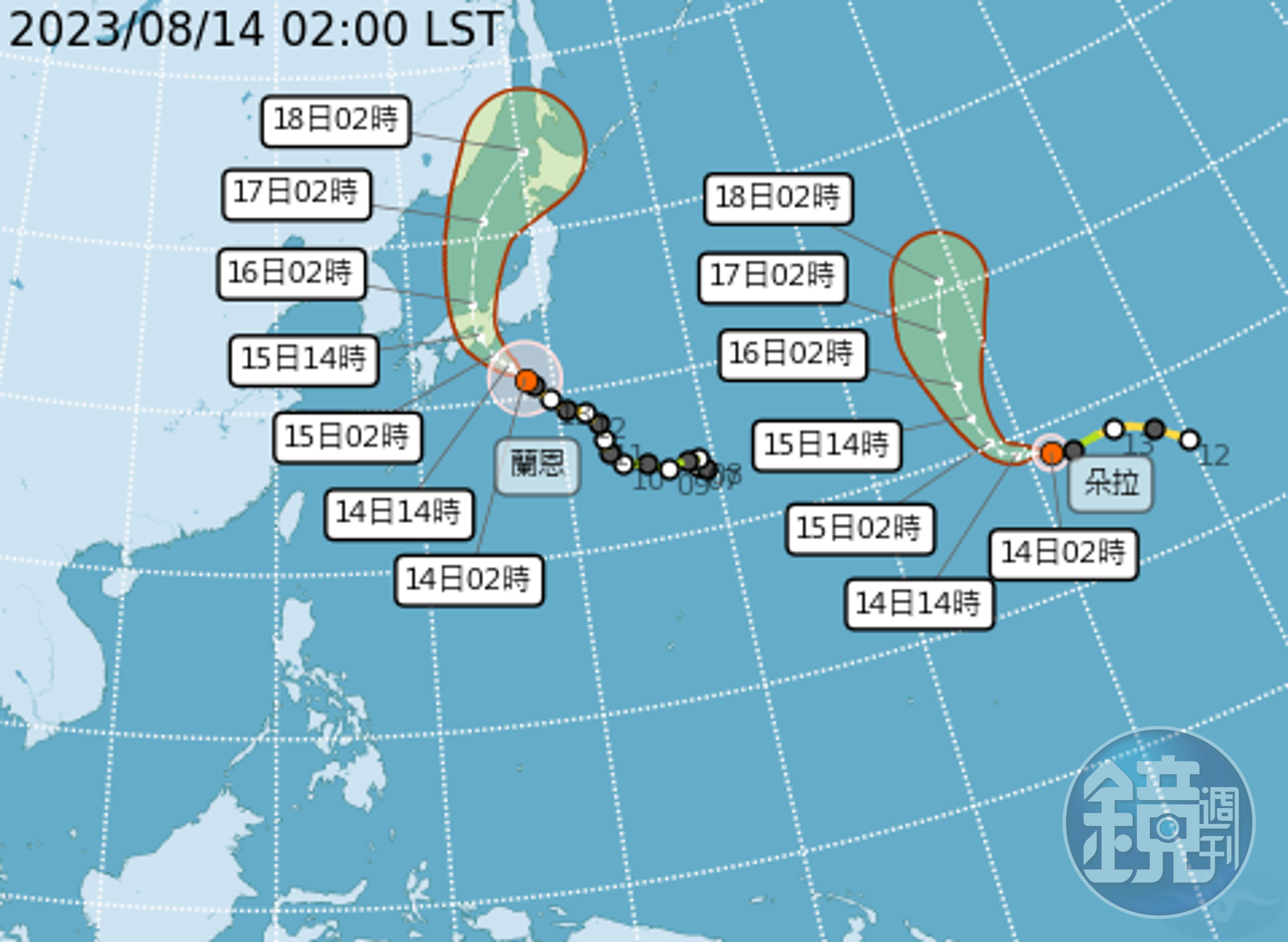 8月14日02時太平洋地區有2個颱風：蘭恩、朵拉。（翻攝自中央氣象局）