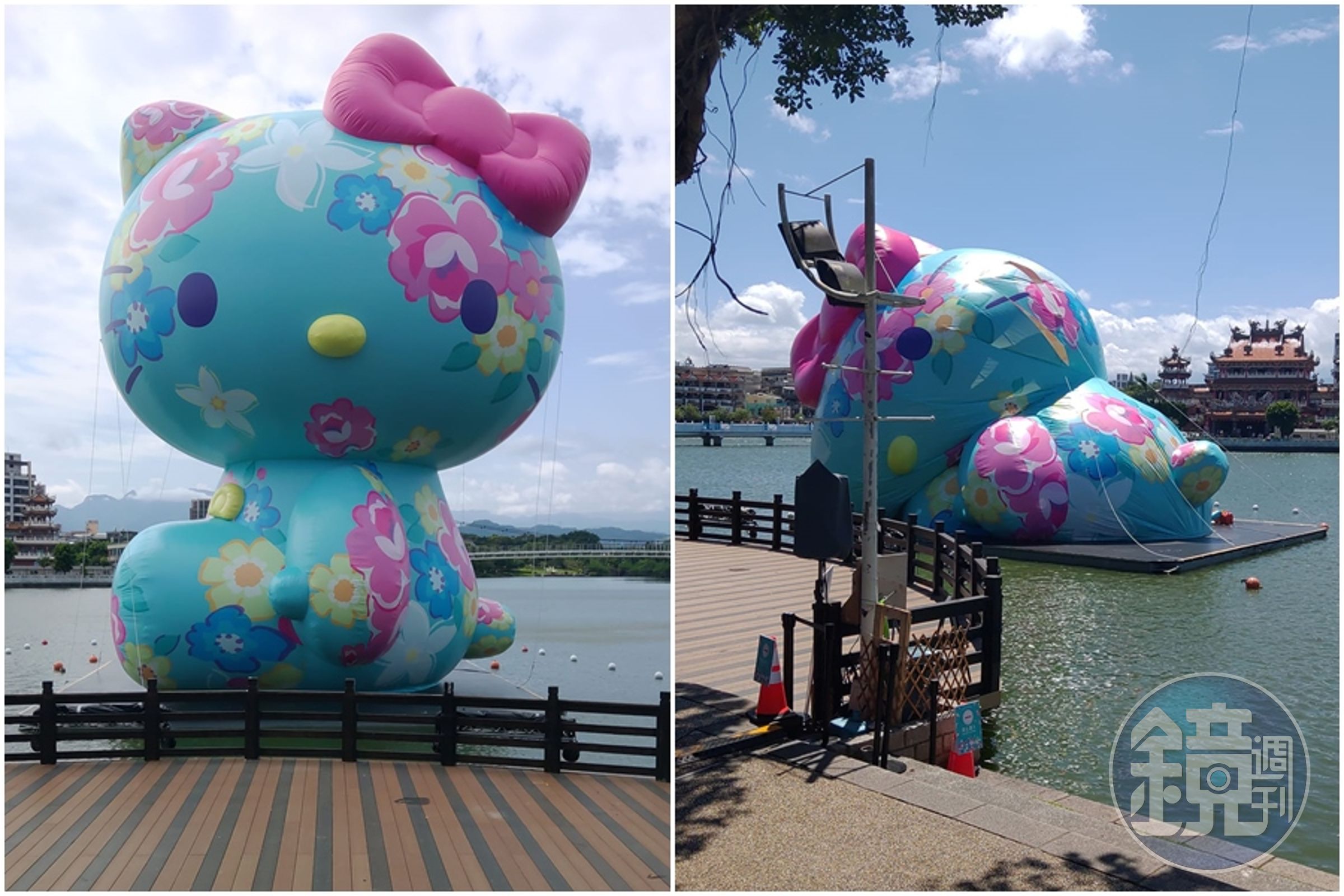龍潭大池展區的《Hello Kitty來作客》水上裝置因風太大造成固定繩拉扯，導致皮面破損消氣。（翻攝臉書）