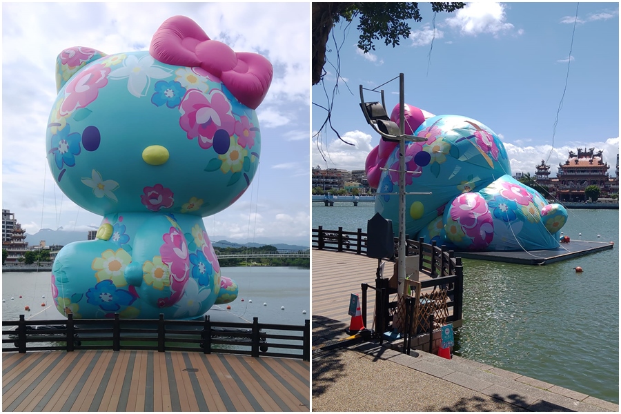龍潭大池展區的《Hello Kitty來作客》水上裝置因風太大造成固定繩拉扯，導致皮面破損消氣。（翻攝臉書）