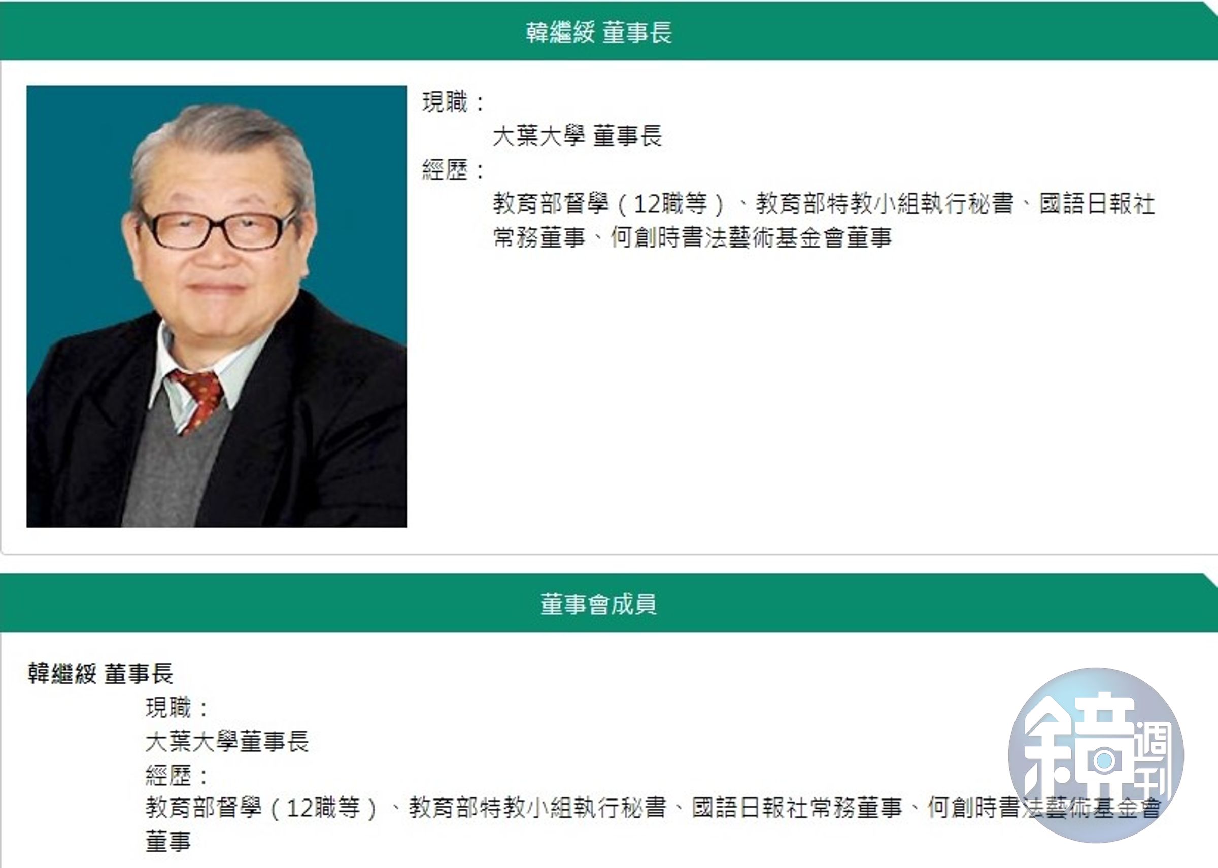大葉大學創辦人遺孀認為現任董事會董事長韓繼綏未善盡管理人責任,也對他提告背信。(翻攝自大葉大學官網)