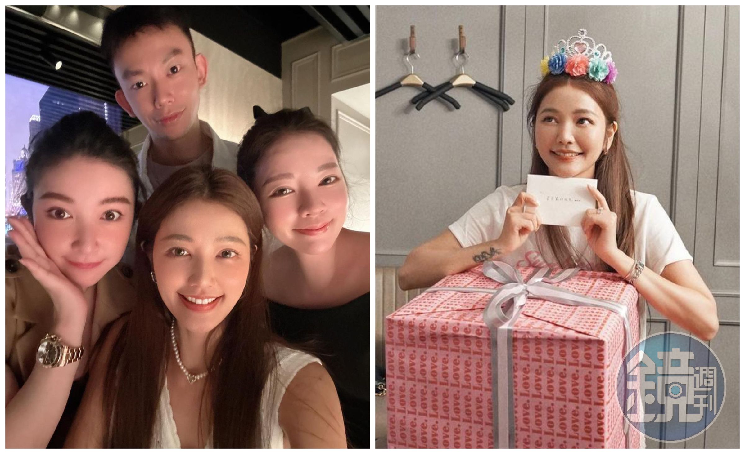 許路兒慶祝48歲生日,與兩個妹妹許菲菲、許維恩、弟弟許湯姆(左圖)合照。(翻攝許菲菲IG、許路兒IG)