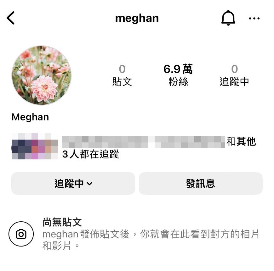 這支「@meghan」IG帳號，被爆是梅根悄悄開設的。（翻攝IG）