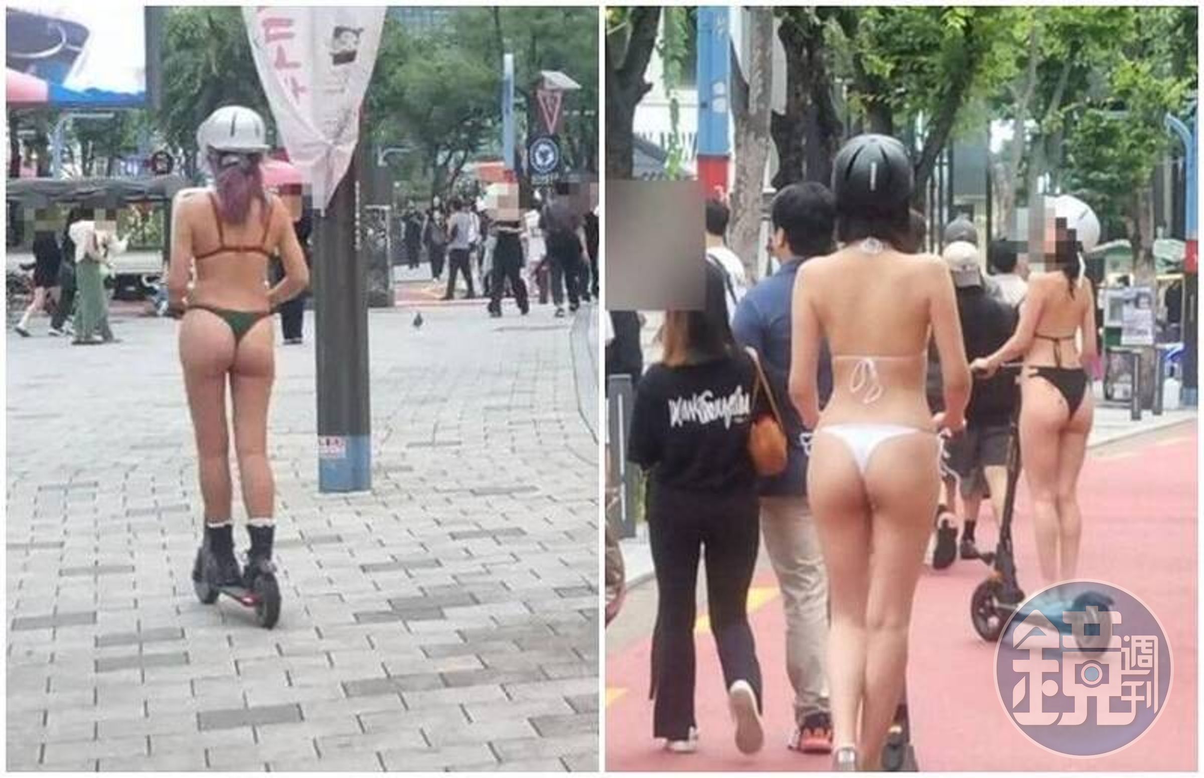 12日首爾弘大商圈出現數名比基尼辣妹騎著滑板車,其中包含Hanuru。(翻攝自韓網fmkorea)