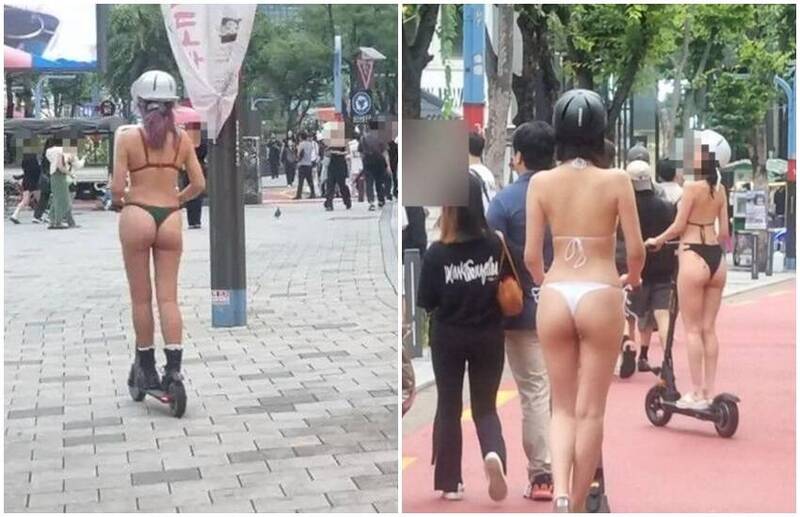 12日首爾弘大商圈出現數名比基尼辣妹騎著滑板車，其中包含Hanuru。（翻攝自韓網fmkorea）