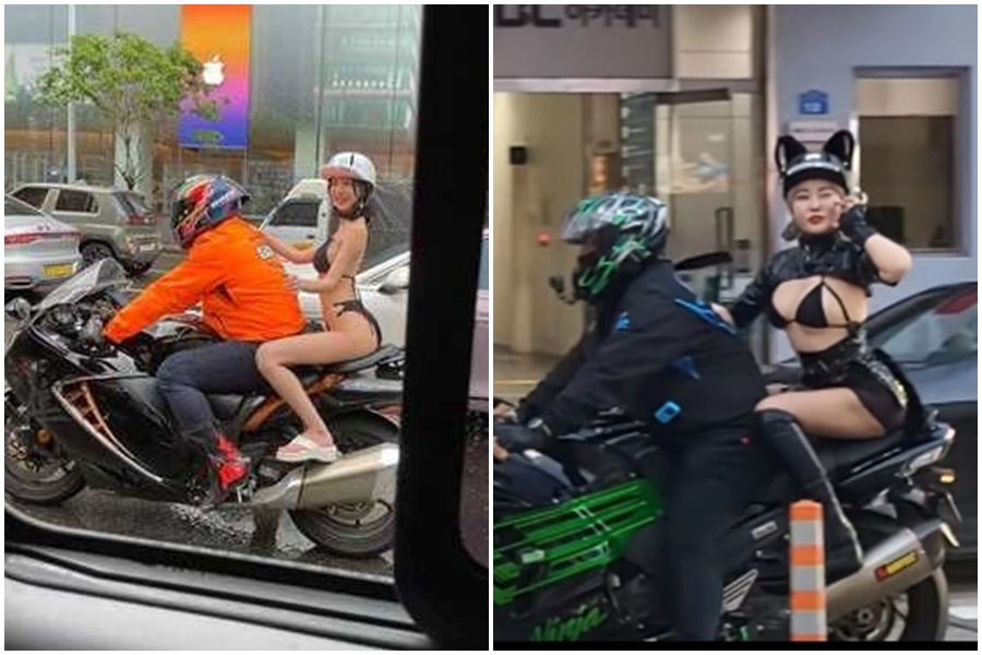 南韓首爾11日傳有4名正妹穿著性感三點式比基尼，乘坐在重機後暢遊街頭，期間更騎過繁忙的江南與弘大街道，吸引人潮圍觀。（翻攝YouTube）