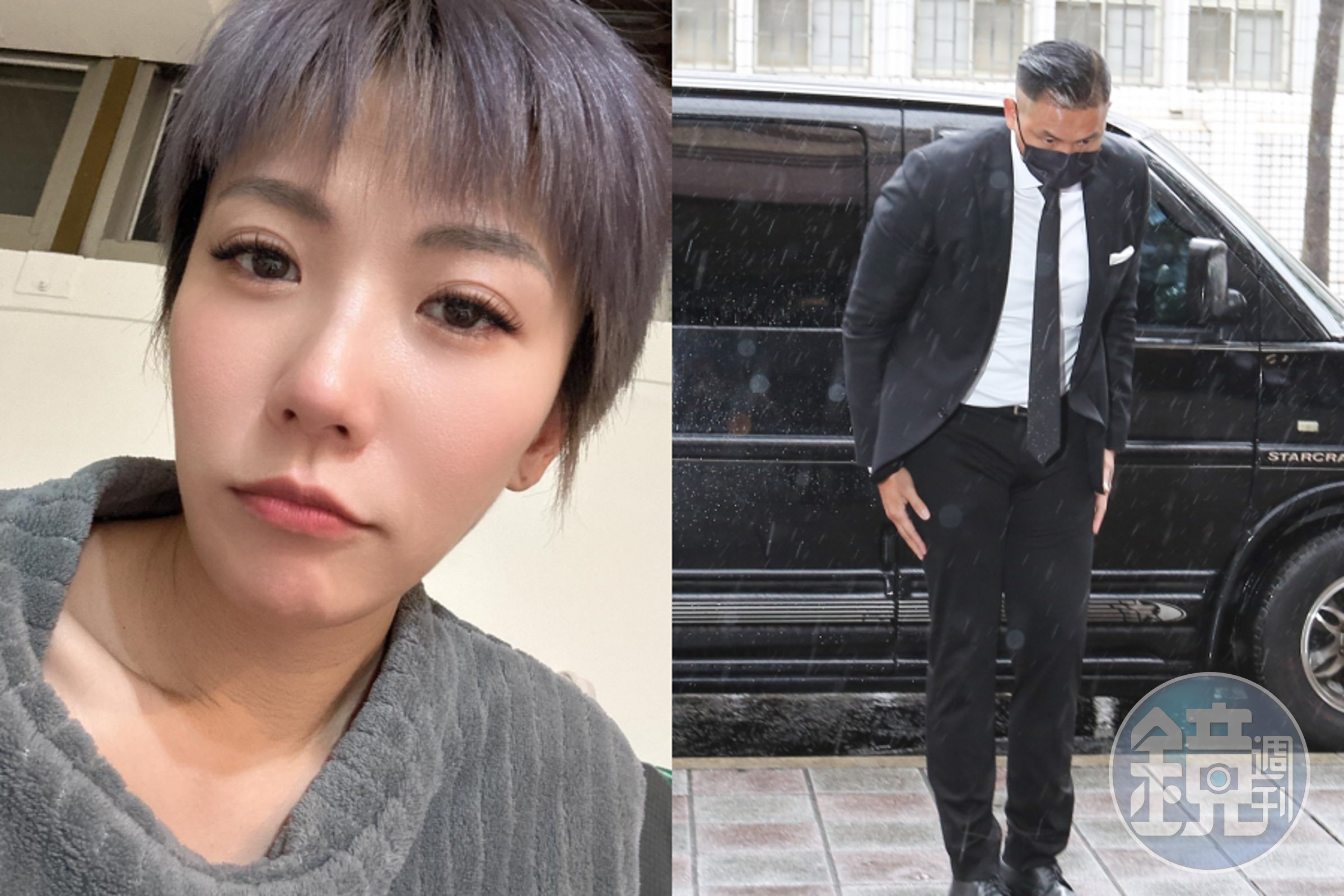 黑人（右）在雨中鞠躬比讚隔天，大牙（左）寫文發聲也借雨發揮。（翻攝臉書、本刊資料照）