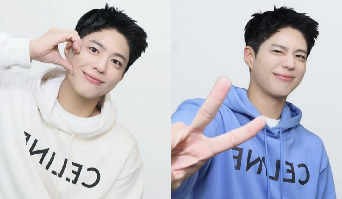 朴寶劍穿著奶油白與水洗藍的棉質CELINE印花寬鬆連帽衫三連拍。（CELINE提供）