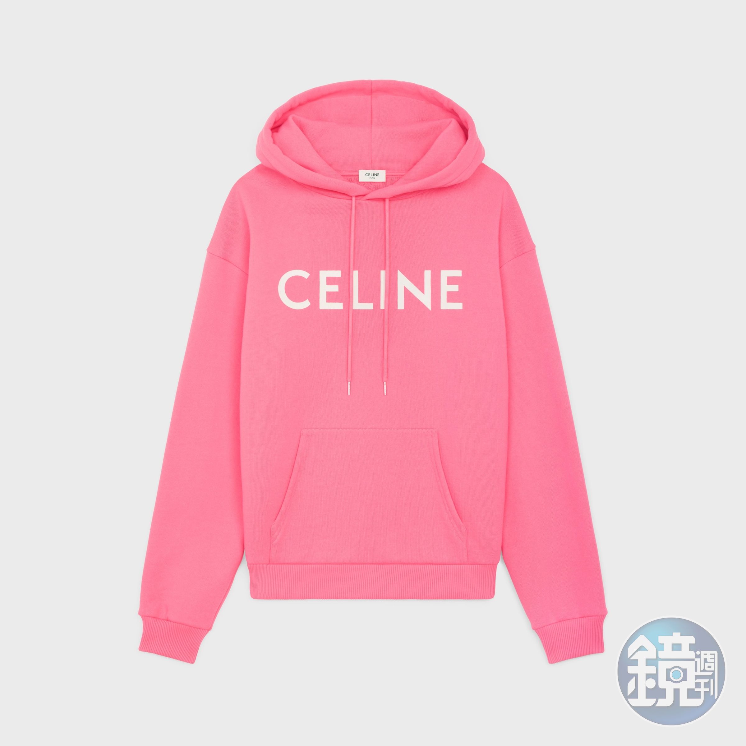 CELINE HOMME粉紅棉質CELINE印花寬鬆連帽衫。NT$36,000（CELINE提供）