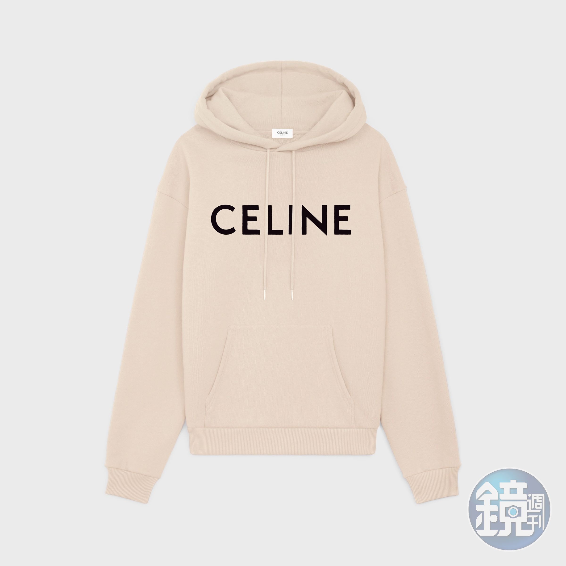 CELINE HOMME石杏色棉質CELINE印花寬鬆連帽衫。NT$36,000（CELINE提供）