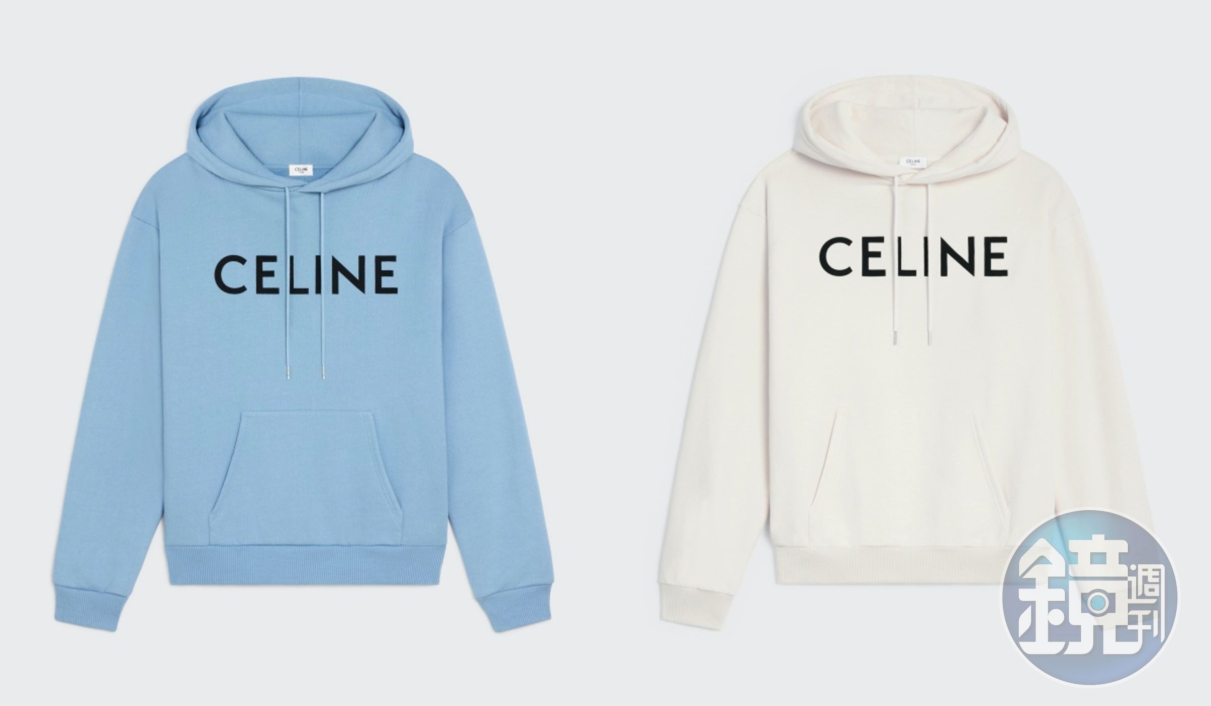 朴寶劍同款的水洗藍與奶油白棉質CELINE印花寬鬆連帽衫。各NT$36,000（CELINE提供）
