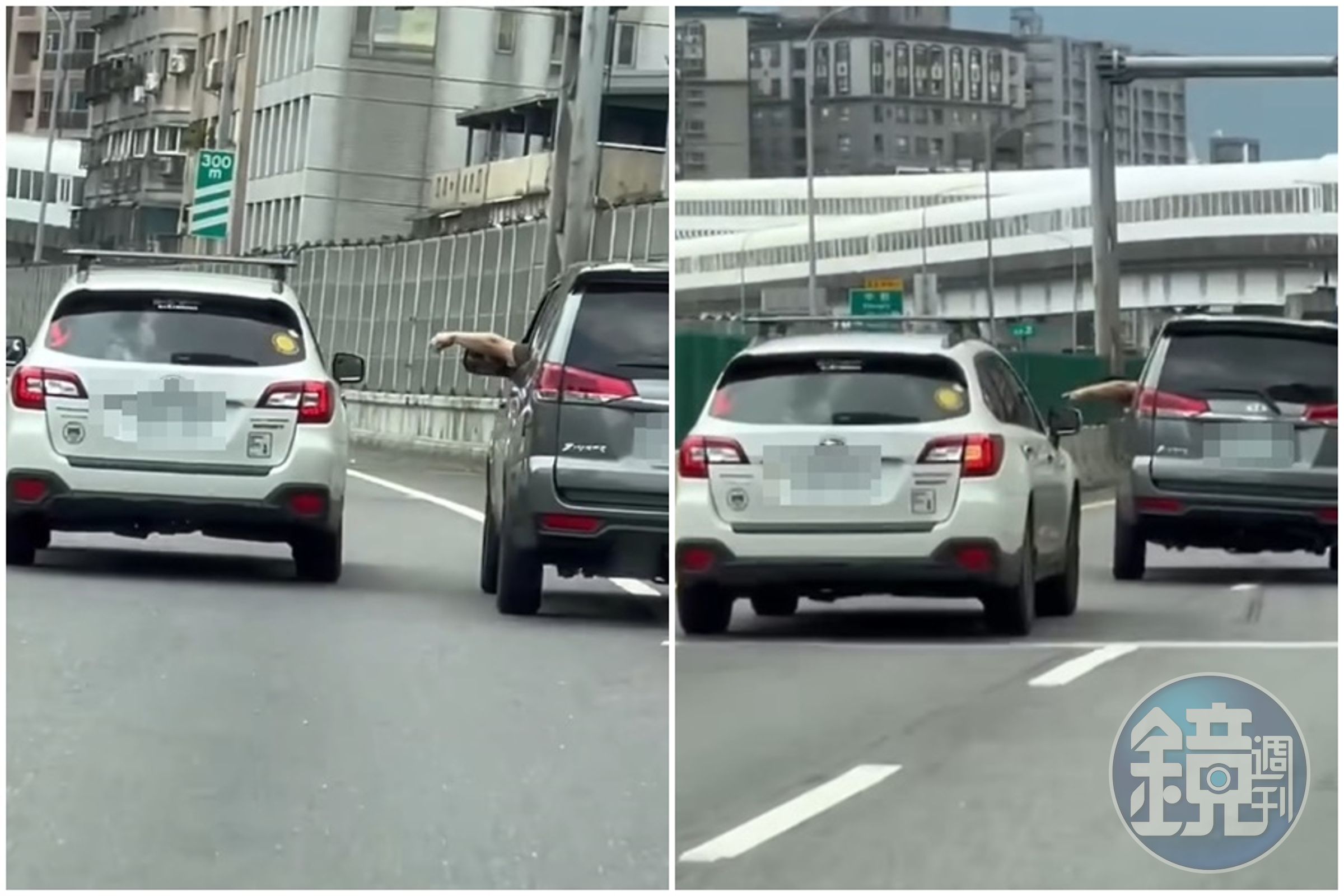 鐵灰色休旅車在台64線上惡意逼車，被網友戲稱「高架猴子」。（翻攝自爆料公社）