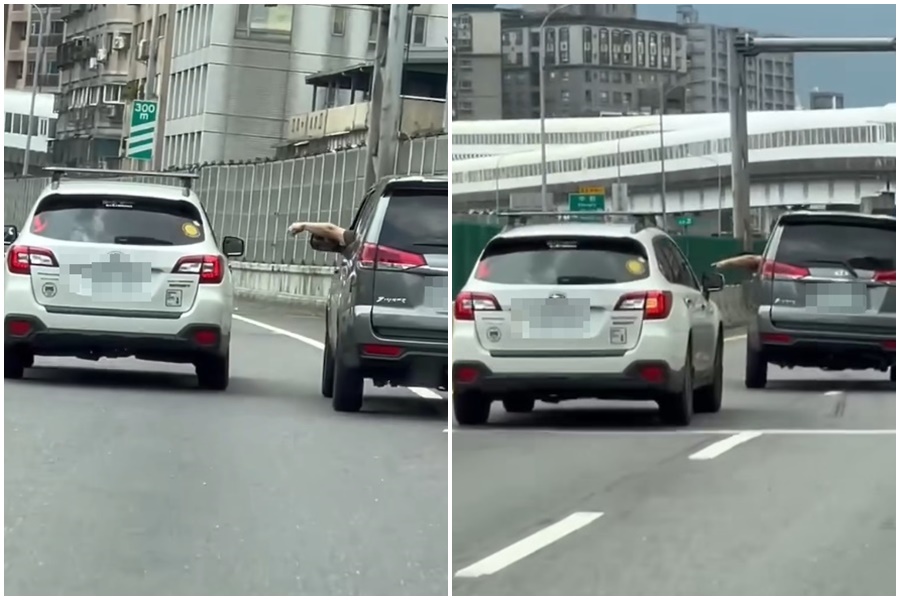 鐵灰色休旅車在台64線上惡意逼車，被網友戲稱「高架猴子」。（翻攝自爆料公社）