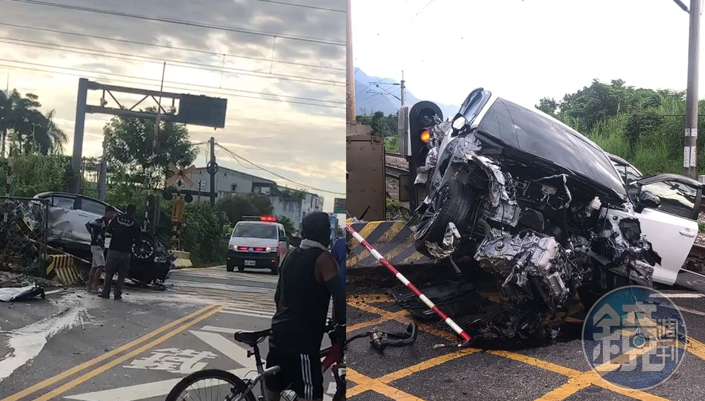 花蓮一台轎車闖入平交道,撞上太魯閣號列車,除了造成列車凹陷毀損,自己的車頭也全毀了。(翻攝自記者爆料網)