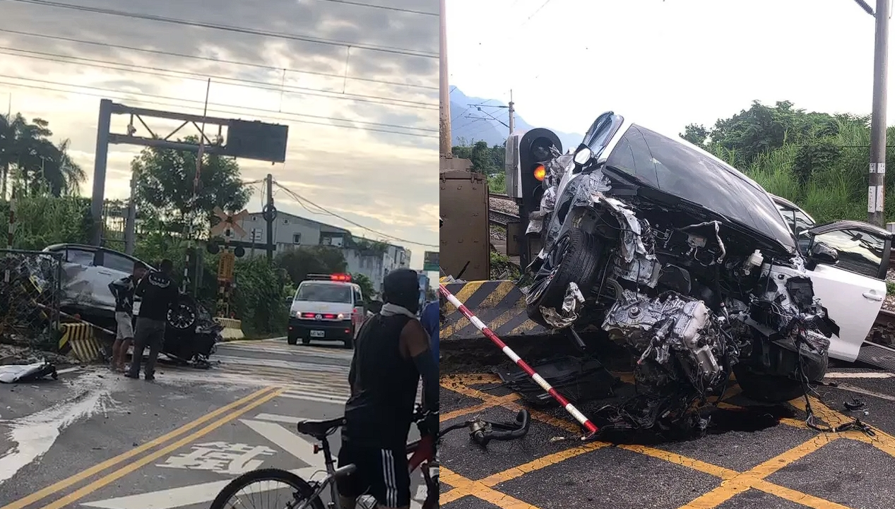 花蓮一台轎車闖入平交道，撞上太魯閣號列車，除了造成列車凹陷毀損，自己的車頭也全毀了。（翻攝自記者爆料網）