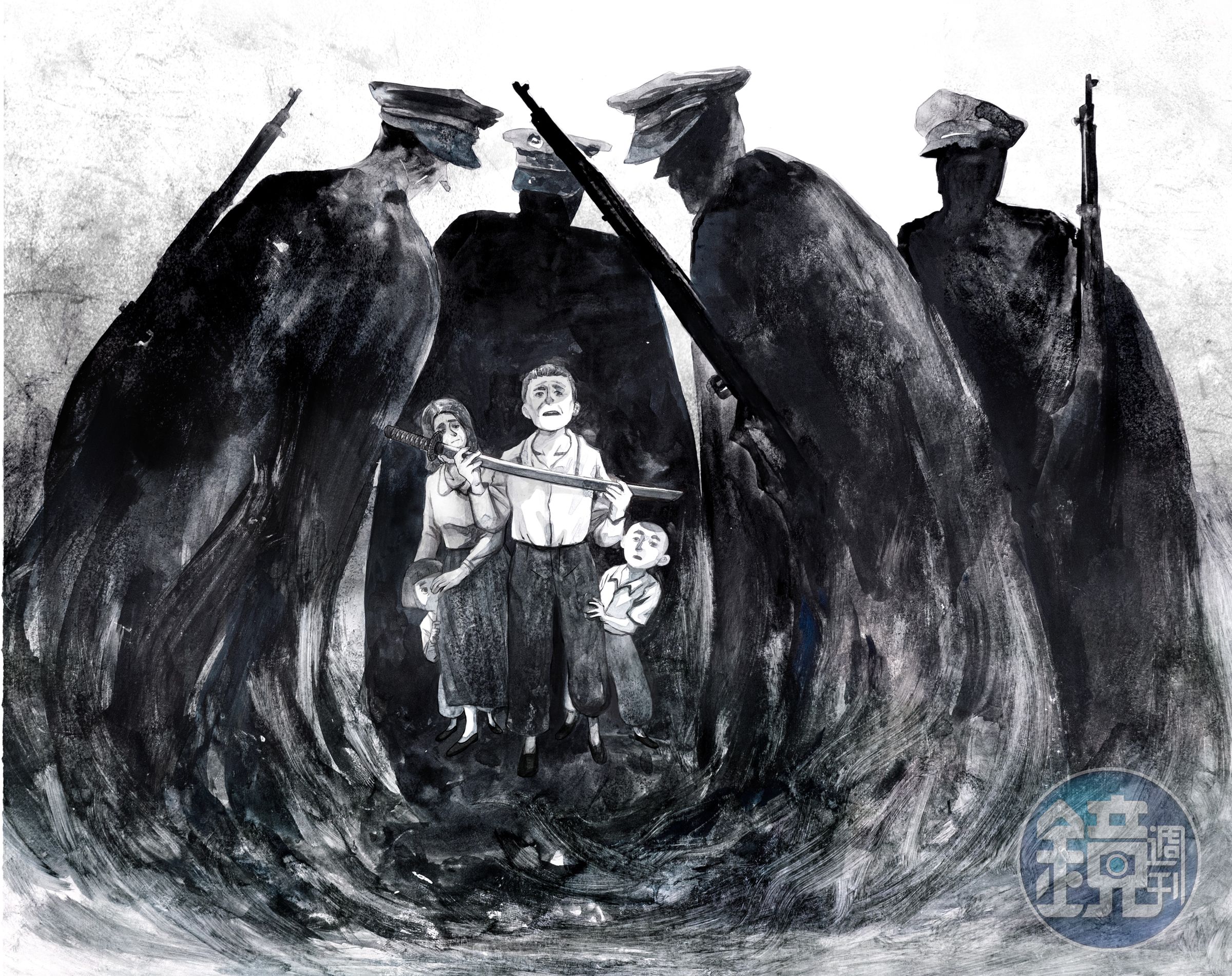 楊牧成長於充滿禁忌的年代，圖為漫畫描述戒嚴時期國民黨軍人到家中拿走日本人武士刀的情節。（目宿媒體提供）
